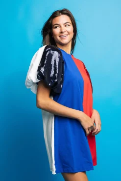 Royal Blue, Red & White Colorblock Sequin Sleeve Dress