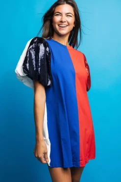 Royal Blue, Red & White Colorblock Sequin Sleeve Dress