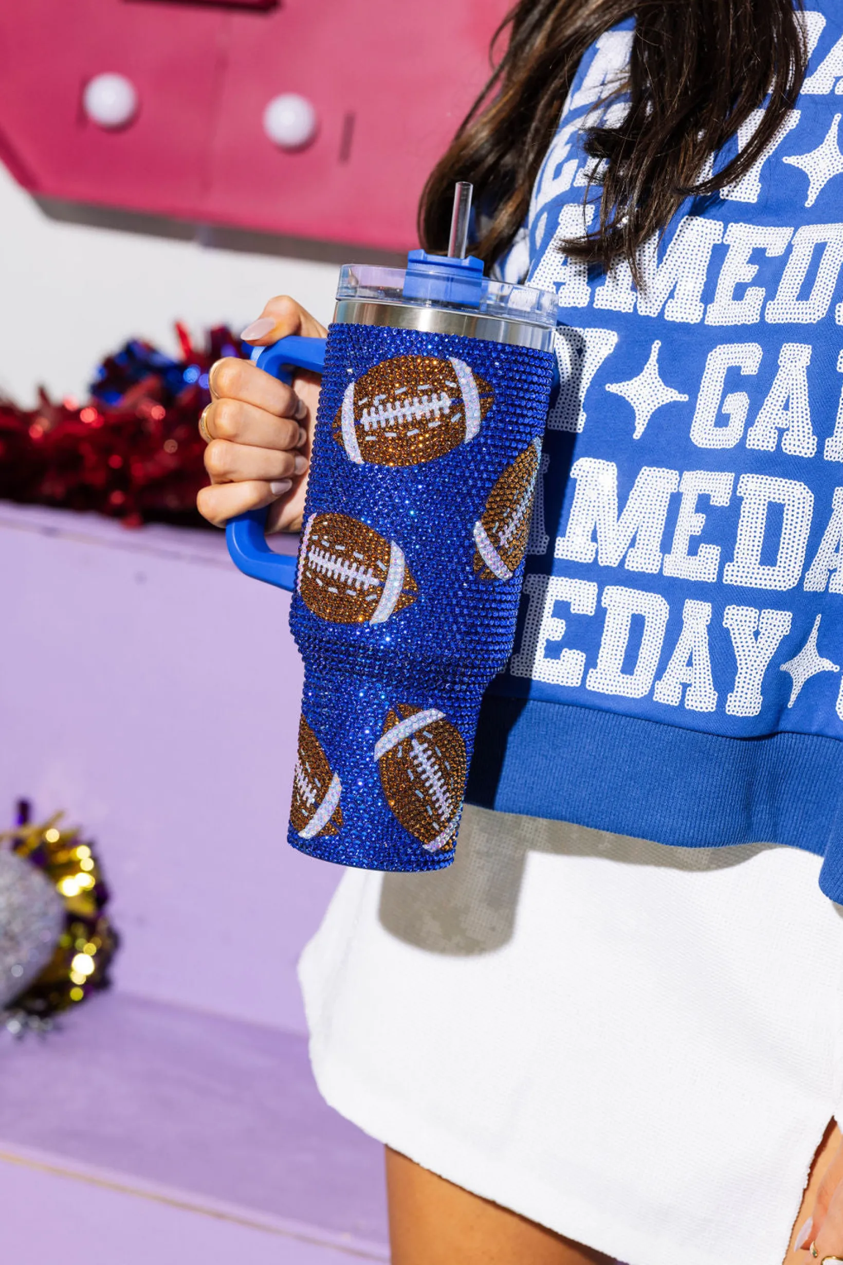 Royal Rhinestone Football Tumbler