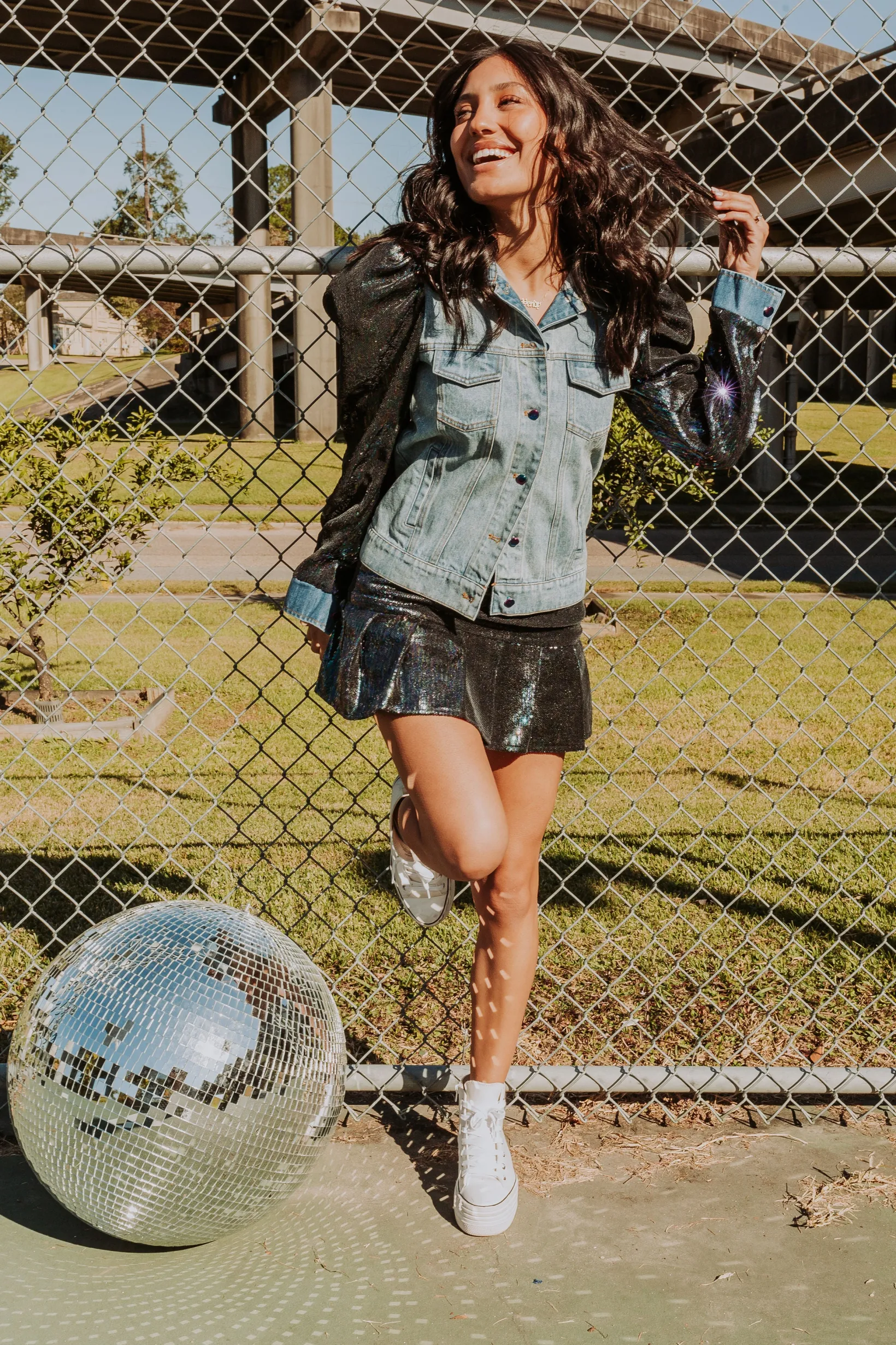 Sequin Puff Sleeve Denim Jacket