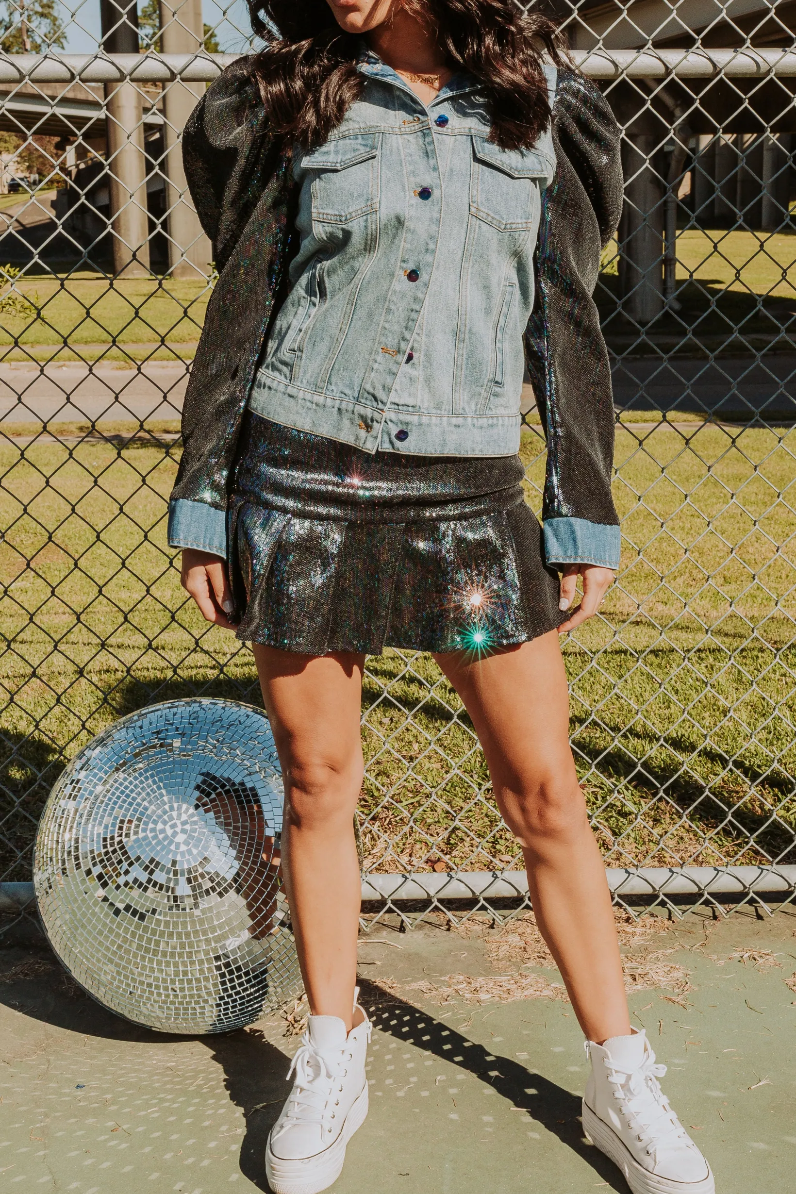 Sequin Puff Sleeve Denim Jacket