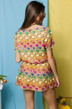 Tan & Rainbow Butterfly Pailette Skirt