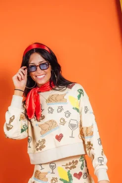 Tan Scattered Needlepoint Turkey Dinner Cropped Sweatshirt