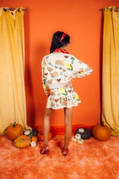 Tan Scattered Needlepoint Turkey Dinner Cropped Sweatshirt