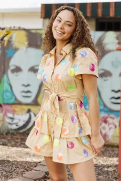 Tan Waist Tie Polka Dot Ruffle Dress