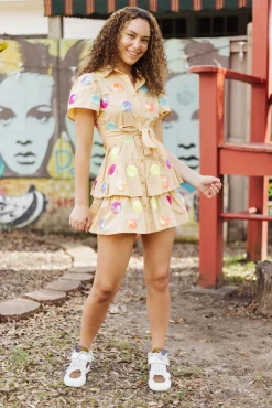 Tan Waist Tie Polka Dot Ruffle Dress