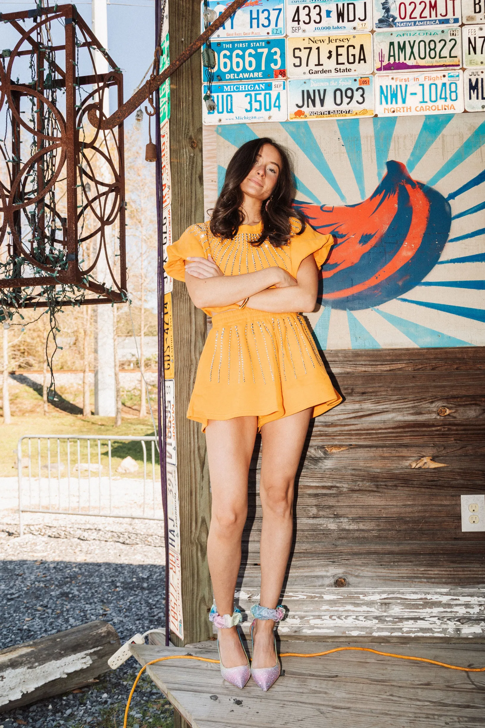 Tangerine Rhinestone Burst Swing Short