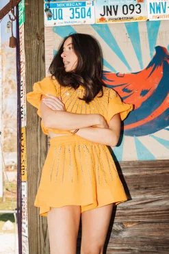 Tangerine Rhinestone Burst Swing Short