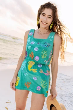 Teal Mermaid, Coral & Shell Terry Cloth Skort