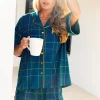 Teal Rhinestone Plaid Pajama Top