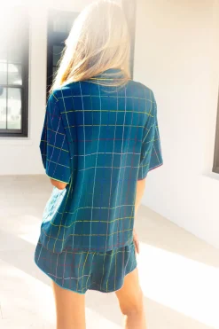 Teal Rhinestone Plaid Pajama Top