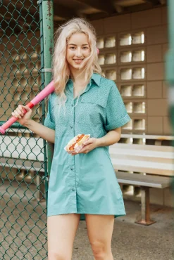 Teal Rhinestone Top Button Down Dress