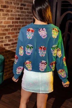 Teal Sugar Skull Collar Sweatshirt