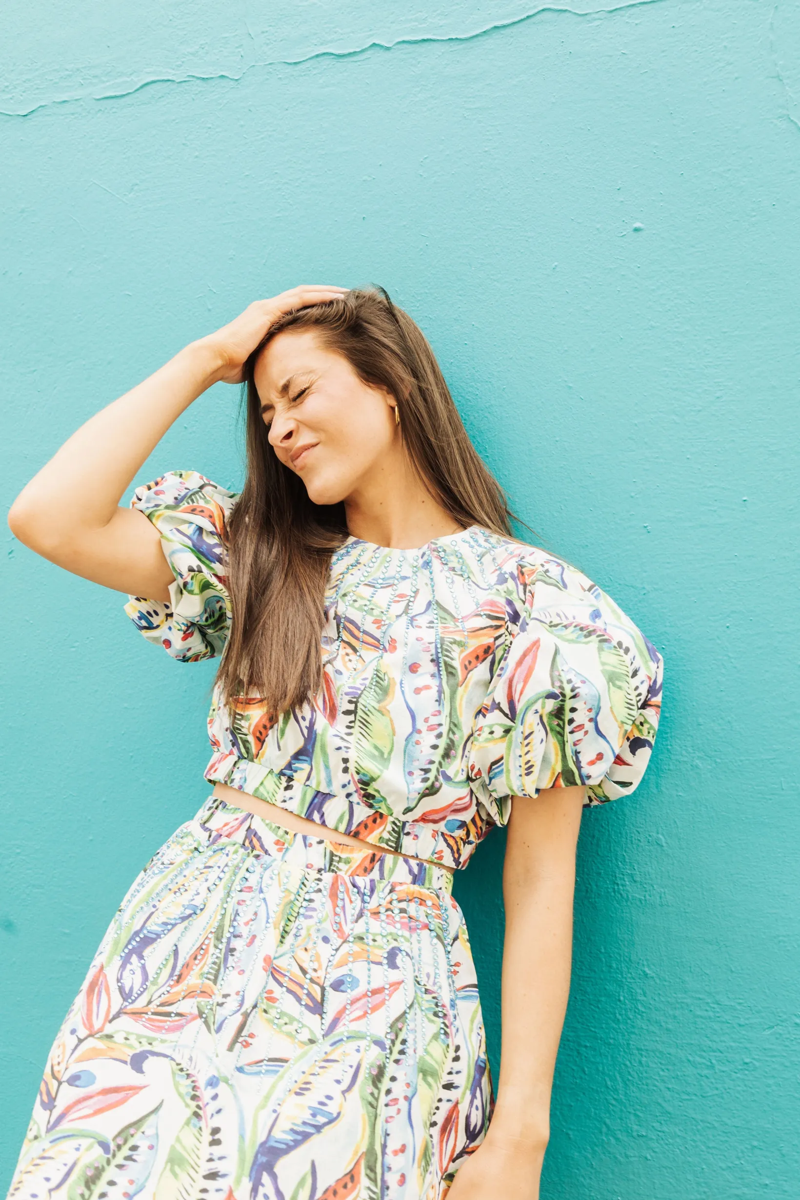 Tropical Puff Sleeve Jeweled Crop