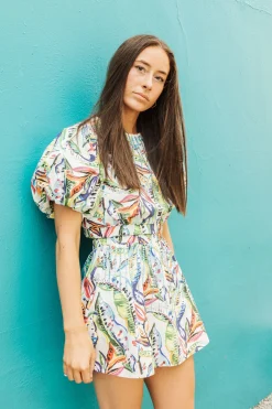 Tropical Puff Sleeve Jeweled Crop