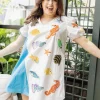 White & Blue Fish Poof Sleeve Dress