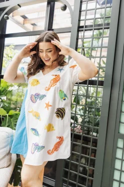 White & Blue Fish Poof Sleeve Dress