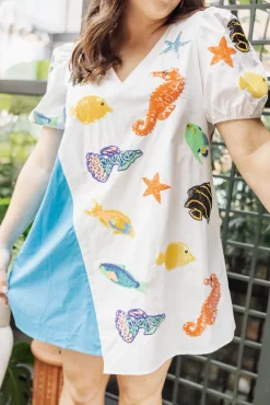 White & Blue Fish Poof Sleeve Dress