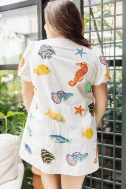 White & Blue Fish Poof Sleeve Dress