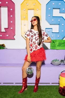 White & Crimson Leopard Sequin & Seed Bead Tee