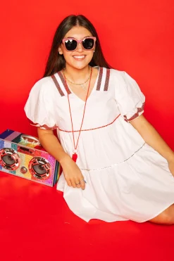 White & Crimson Poof Sleeve QOS Jersey Dress