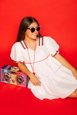 White & Crimson Poof Sleeve QOS Jersey Dress