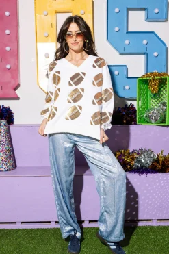 White & Gold Rhinestone Lace Football Sweatshirt