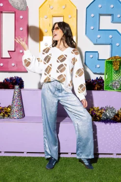 White & Gold Rhinestone Lace Football Sweatshirt