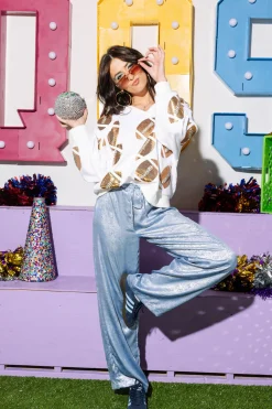 White & Gold Rhinestone Lace Football Sweatshirt