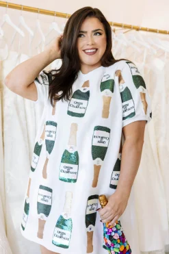 White & Gold Scattered Champagne Bottle Dress