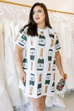 White & Gold Scattered Champagne Bottle Dress