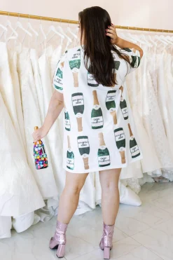 White & Gold Scattered Champagne Bottle Dress