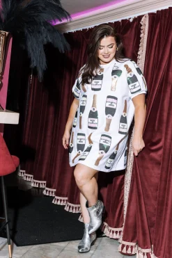 White & Gold Scattered Champagne Bottle Dress