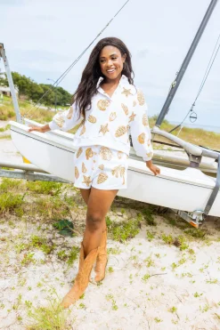 White & Gold Shell Henley Short