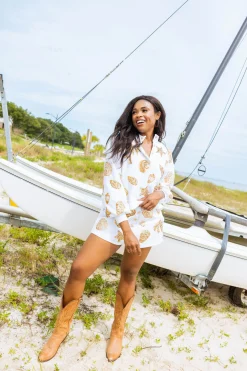 White & Gold Shell Henley Sweatshirt