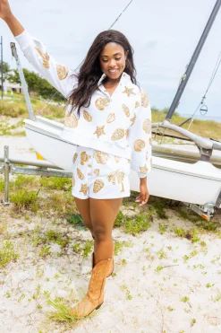 White & Gold Shell Henley Short