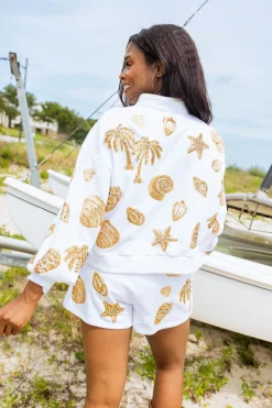 White & Gold Shell Henley Short