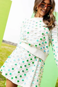 White & Green Four Leaf Clover Pailette Sweater