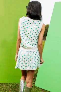 White & Green Four Leaf Clover Pailette Sweater Tank