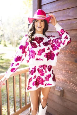 White & Hot Pink Cow Print Sequin Sweater