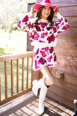 White & Hot Pink Cow Print Sequin Skirt