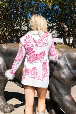 White & Neon Pink Tiger Feather Blazer