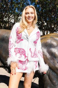 White & Neon Pink Tiger Feather Blazer