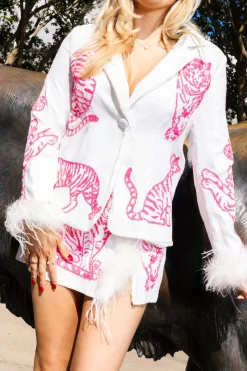 White & Neon Pink Tiger Feather Blazer