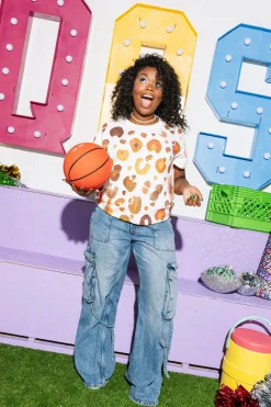 White & Orange Leopard Sequin & Seed Bead Tee