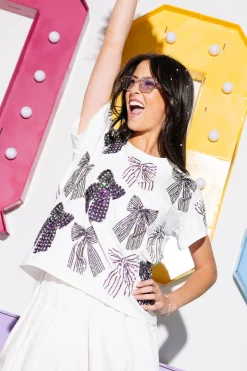 White & Purple Striped Bow Tee