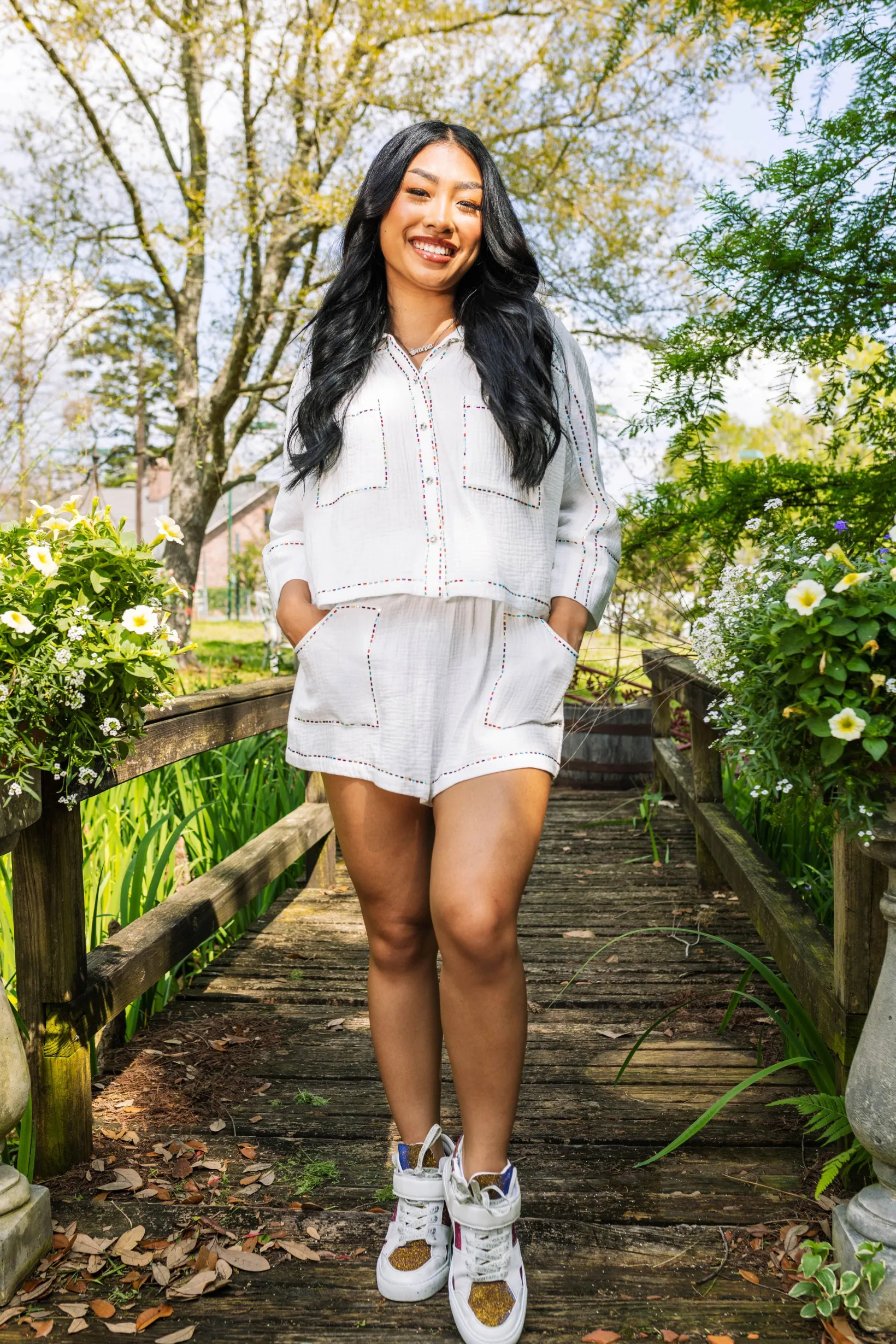 White & Rainbow Rhinestone Gauze Short