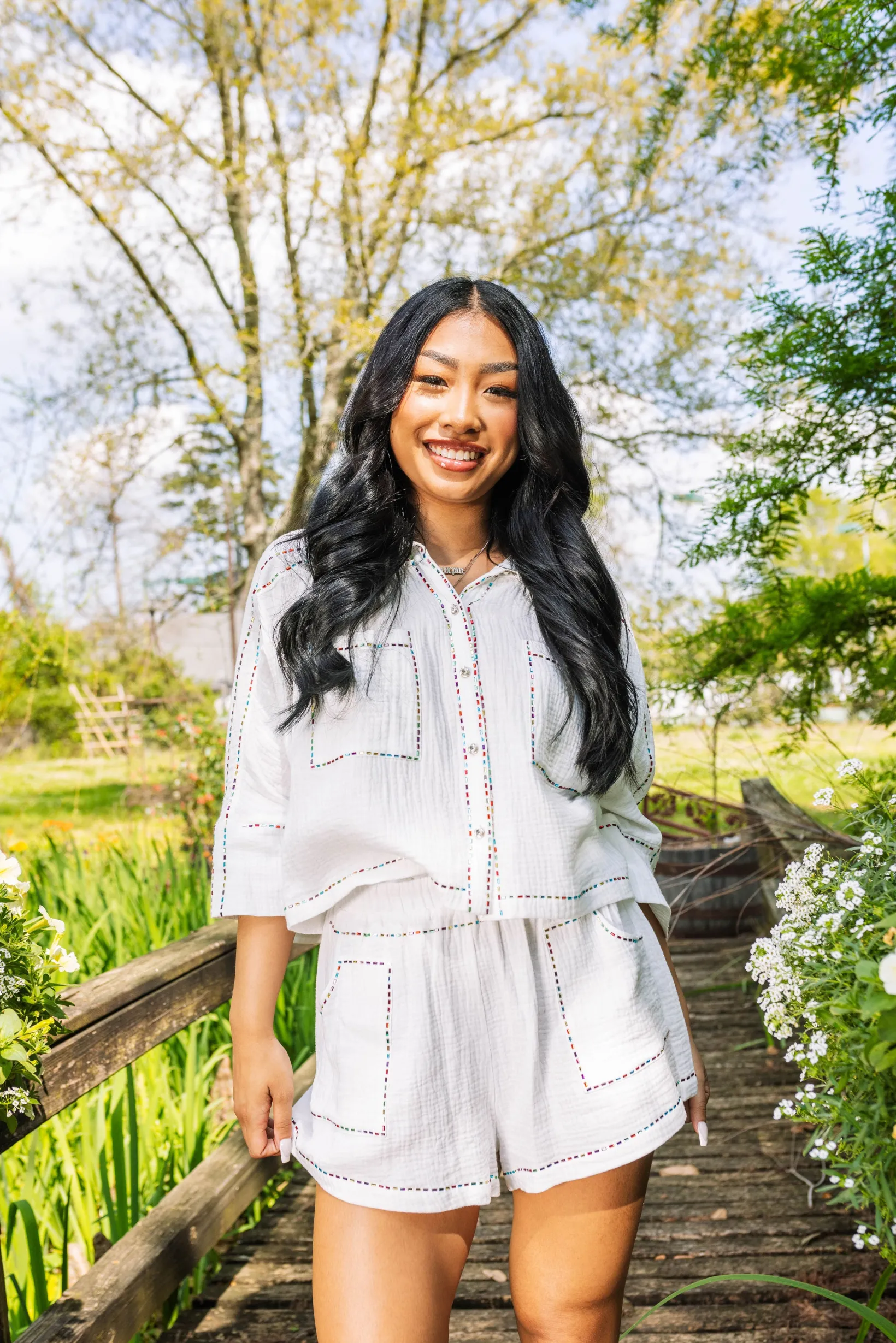 White & Rainbow Rhinestone Gauze Short