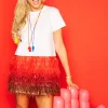 White & Red Feather Bottom Tee Dress