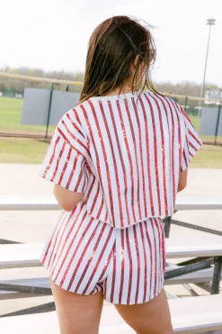 White & Red Full Sequin Short Sleeve Popcorn Top